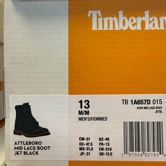 TIMBERLAND MEN\'S 13 ATTLEBORO MID LACE BOOT JET BLACK NIB TB1A657D015 main image 4